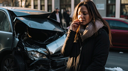 Anxious sad woman Involved In Car Accident Calling Insurance Company - obrazy, fototapety, plakaty