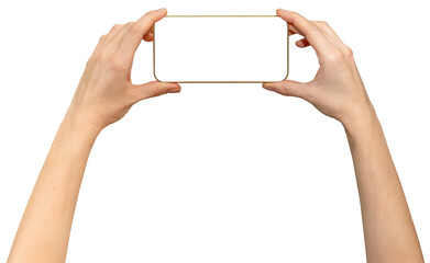 Isolated unrecognisable touchscreen mobile phone with golden yellow frame in female hands, horizontal screen position. 