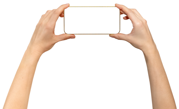 Isolated unrecognisable touchscreen mobile phone with golden yellow frame in female hands, horizontal screen position. 
