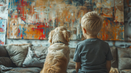 Boy and his dog looking at a wall full of children's doodles and paintings. Messy living room....
