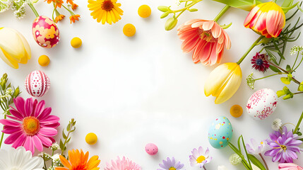 A handcrafted Easter card adorned with colorful spring flowers, set against a clean, white background, perfect for adding a personal message or greeting, - obrazy, fototapety, plakaty