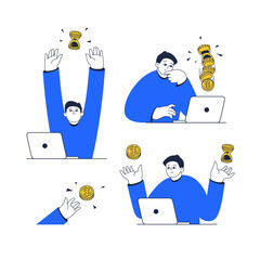 Set of a flat-style illustration depicting the concept of passive income. Financial vector artwork to a character with a laptop, coin, and watch. Business illustration &mdash; a man in a blue sweater.