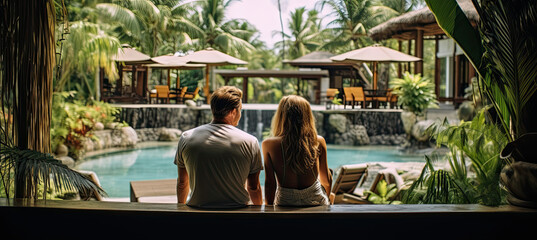 Back View of a Young travelling couple relaxing in the jungle resort hotel - obrazy, fototapety, plakaty