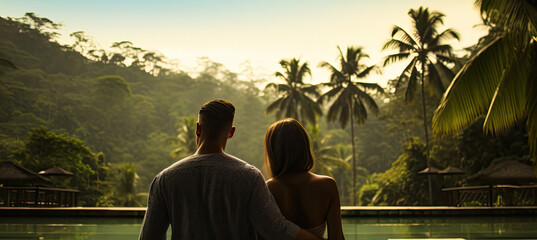 Back View of a Young travelling couple relaxing in the jungle resort hotel - obrazy, fototapety, plakaty