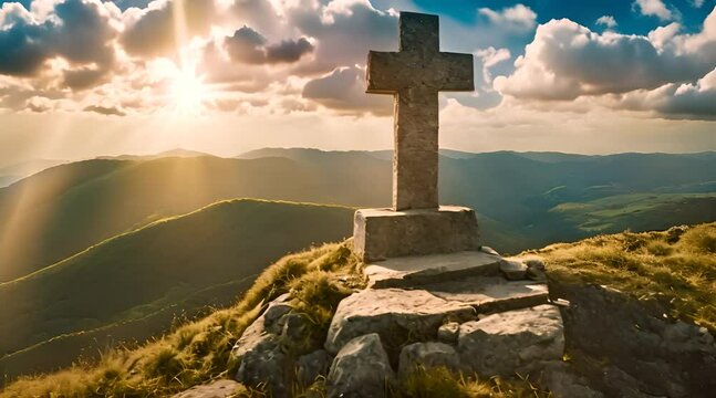 croce cristiana di pietra all'alba , concetto di resurrezione, Simbolo della Pasqua