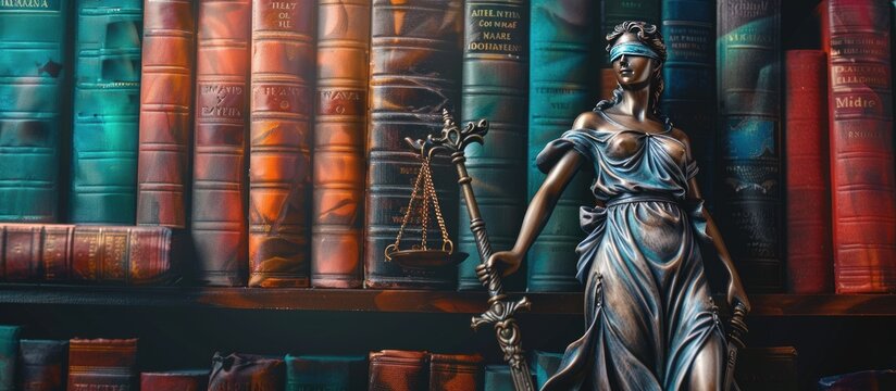 Illustration Themis Statue of Justice Scales Law Business on row book background. AI generated image