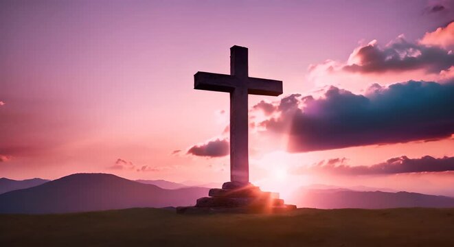 croce cristiana di pietra all'alba , concetto di resurrezione, Simbolo della Pasqua
