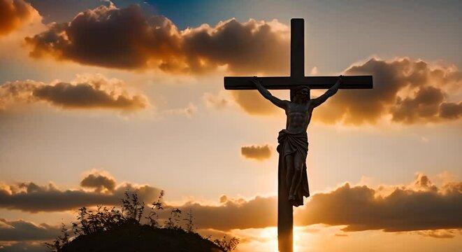 croce cristiana di pietra all'alba , concetto di resurrezione, Simbolo della Pasqua
