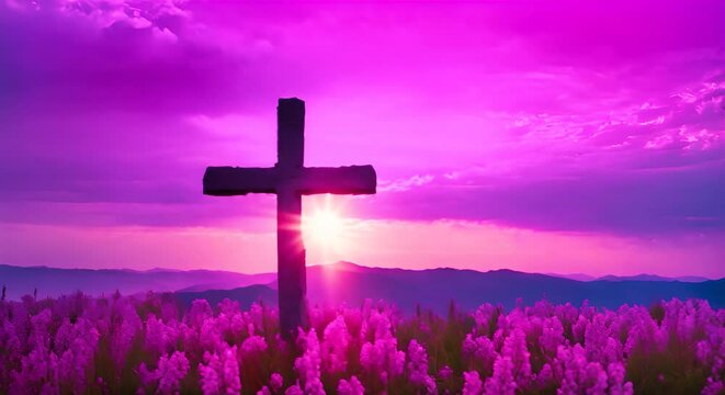 croce cristiana di pietra all'alba , concetto di resurrezione, Simbolo della Pasqua
