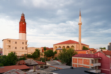 Clock tower and Sultan Murati minaret in Skopje (Macedonia)