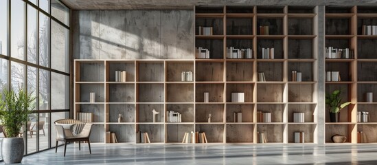 Simple interior wooden and concrete office with bookcase with panoramic windows. AI generated
