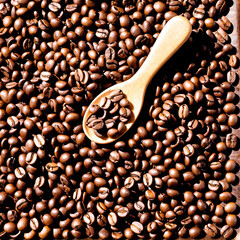 Obraz premium Scattered coffee beans and a wooden spoon. Generative AI