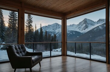 Serene Alpine Retreat: A Cozy, Modern Interior Overlooking Snowy Peaks and Forested Wilderness at Sunset, generative AI