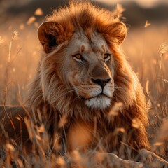 Fototapeta premium A majestic lion, captured in the golden light of the savannah, its mane flowing as it surveys the vast landscape 