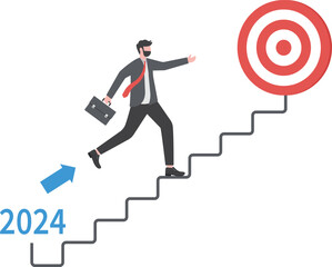 Businessman walking up stair with business target of new year 2023, ambitious on the 2023, business new plan and goal in 2023 concept

