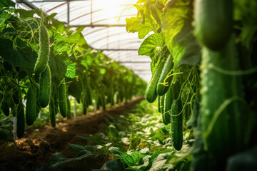 Fresh cucumbers thrive in a greenhouse, nurtured without pesticides for an organic, healthy product. Ample copy space for agricultural or health related content.
