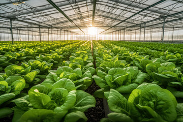 Lush green lettuce leaves flourish in a vegetable field, creating a vibrant gardening background with salad plants thriving in a greenhouse setting. - obrazy, fototapety, plakaty