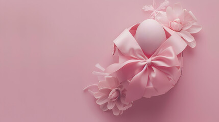An intricately designed Easter gift wrapped in pink paper and tied with a bow, showcasing the craftsmanship against a serene pale pink background