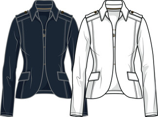 Women's jacket design Vector Flat sketch, Technical Drawing. Black white and colorful blank design, clothing template. Jacket design for fashion collection. Blank Jacket design template for designers.
