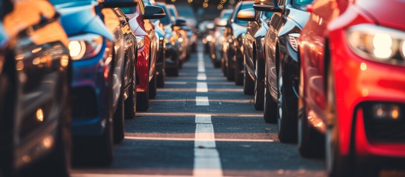Diverse collection of parked cars on a bustling urban street with vibrant atmosphere and city life