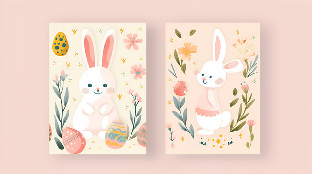 Two handcrafted Easter greeting cards featuring whimsical illustrations and heartfelt messages, placed side by side against a blush pink background, ready for personalization