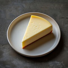 A minimalist composition of a perfectly sliced cheesecake on a white plate, focusing on the simplicity and elegance of a classic dessert presentation