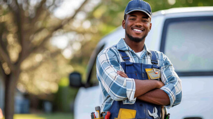 smiling man with a beard, wearing a blue cap, a plaid shirt, and a blue overall with a tool belt, standing confidently with his arms crossed in front of a white van.