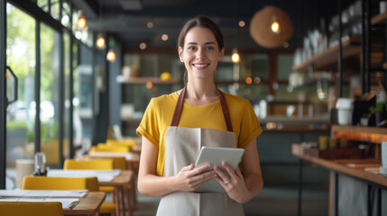 smiling waitress in a yellow shirt and grey apron holding a digital tablet, standing in a modern cafe with yellow chairs and tables in the background.