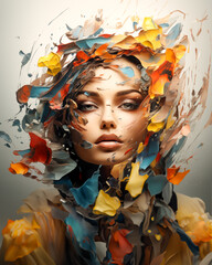 Creative portrait of a young woman in splashes of bright paint. Conceptual portrait, close-up.