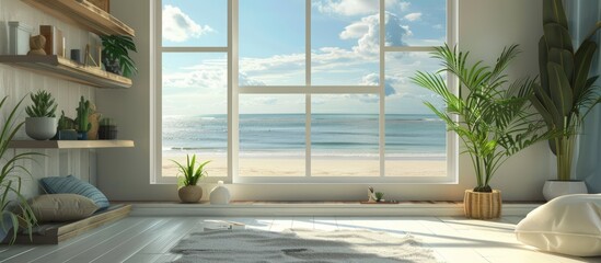 Modern minimalist home interior a chill room relax place, shelf and panoramic window. AI generated