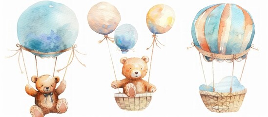 Cute teddy bear character on air balloon with watercolor hand drawn. AI generated image - obrazy, fototapety, plakaty