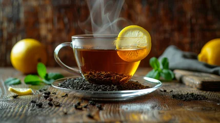  A clear glass cup of tea infused with lemon and mint leaves, steaming on a wooden table surrounded by loose tea leaves and a slice of lemon. © MP Studio