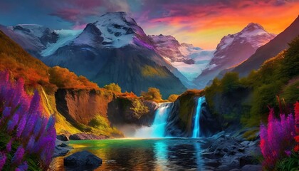 sunset in the mountains waterfall in the mountains. a beautiful and colorful landscape featuring...