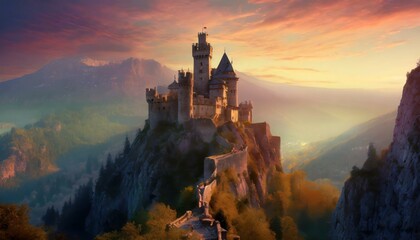 castle in the mountains. A majestic scene of a castle perched atop steep mountains during sunset. - obrazy, fototapety, plakaty