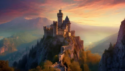 Foto op Canvas castle in the mountains. A majestic scene of a castle perched atop steep mountains during sunset. © Nandu Katangaza