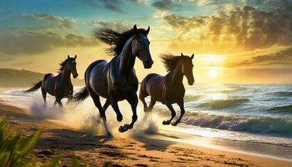 horse running at the sunny beach. A mystic scene capturing black horses running along a beach at sunrise. 
