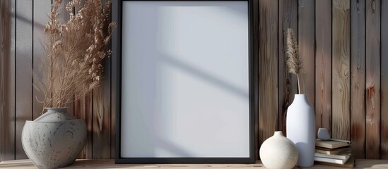 Fototapeta na wymiar White blank frame mock up poster in interior room background. AI generated image