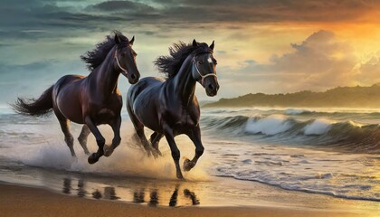 horse running at a sunny beach. A mystic scene capturing black horses running along a beach at sunrise. 