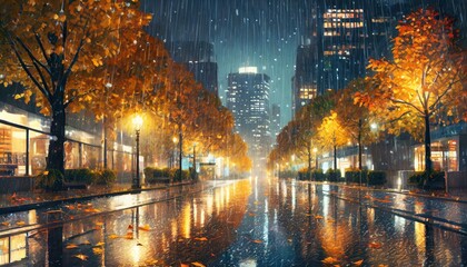 Fototapeta premium A photorealistic night photography scene of a rainy autumn setting. 