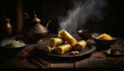 traditional Chinese Asian food served on a wooden table. A rustic wooden table with steaming, plump Spring Rolls, crisply golden and slightly blister - obrazy, fototapety, plakaty