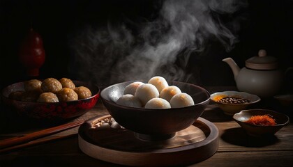 traditional Chinese Asian food served on a wooden table. A rustic wooden table with steaming, plump Sweet Rice Balls (Tangyuan) - obrazy, fototapety, plakaty