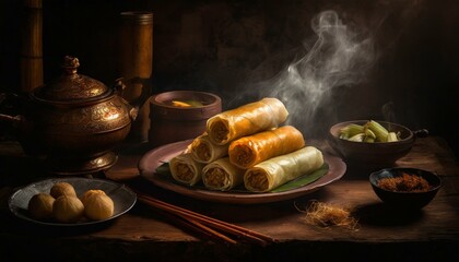 traditional Chinese Asian food served on a wooden table. A rustic wooden table with steaming, plump Spring Rolls, crisply golden and slightly blister - obrazy, fototapety, plakaty