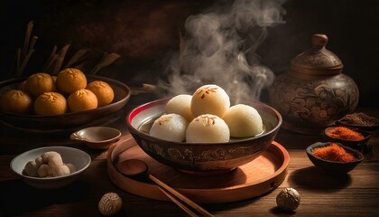ball of rice. traditional Chinese Asian food served on a wooden table. A rustic wooden table with steaming, plump Sweet Rice Balls (Tangyuan) - obrazy, fototapety, plakaty
