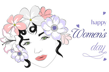 Abstract Background, Woman's Face, Line, Wreath of Flowers, Womens Day, Concept, Hand Drawn, 8 March, sketch, Beautiful, Vector illustration 