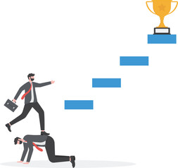 Cooperation and teamwork. Businessman helps to climb on staircase

