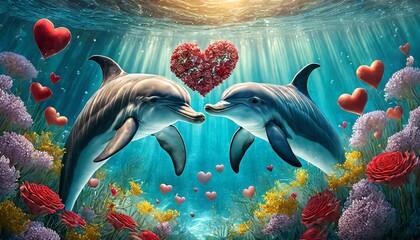two dolphins in the sea. heartwarming scene where two beautiful dolphins carry valentine shaped...