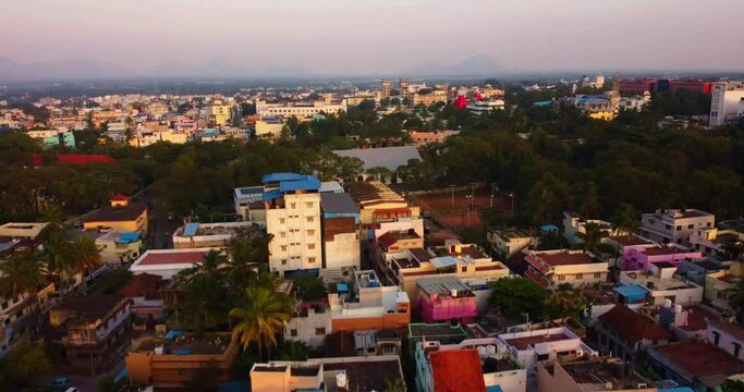 Aerial of Nagercoil town, Kanyakumari District and CSI Home Church in the view at sunset in India
