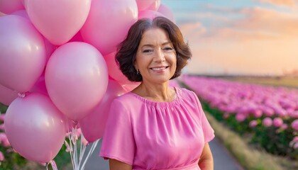  Portrait of attractive attractive mature senior woman in pink dress against background of pink helium party balloons