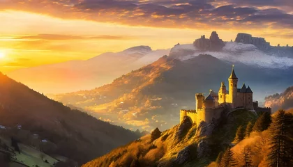 Foto auf Acrylglas At the foothills of towering mountains, a majestic castle stands perched on a steep incline, silhouetted against the backdrop of a breathtaking sunset. The landscape is imbued with drama and grandeur  © Nandu Katangaza