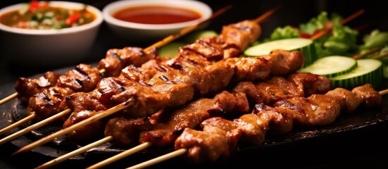 chicken and beef satay meat stick skewer with cucumber - obrazy, fototapety, plakaty